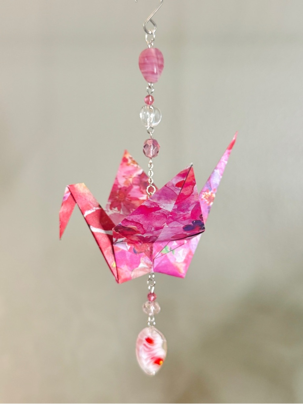 Origami Ornament #2476 - Large Crane with Glass Beads